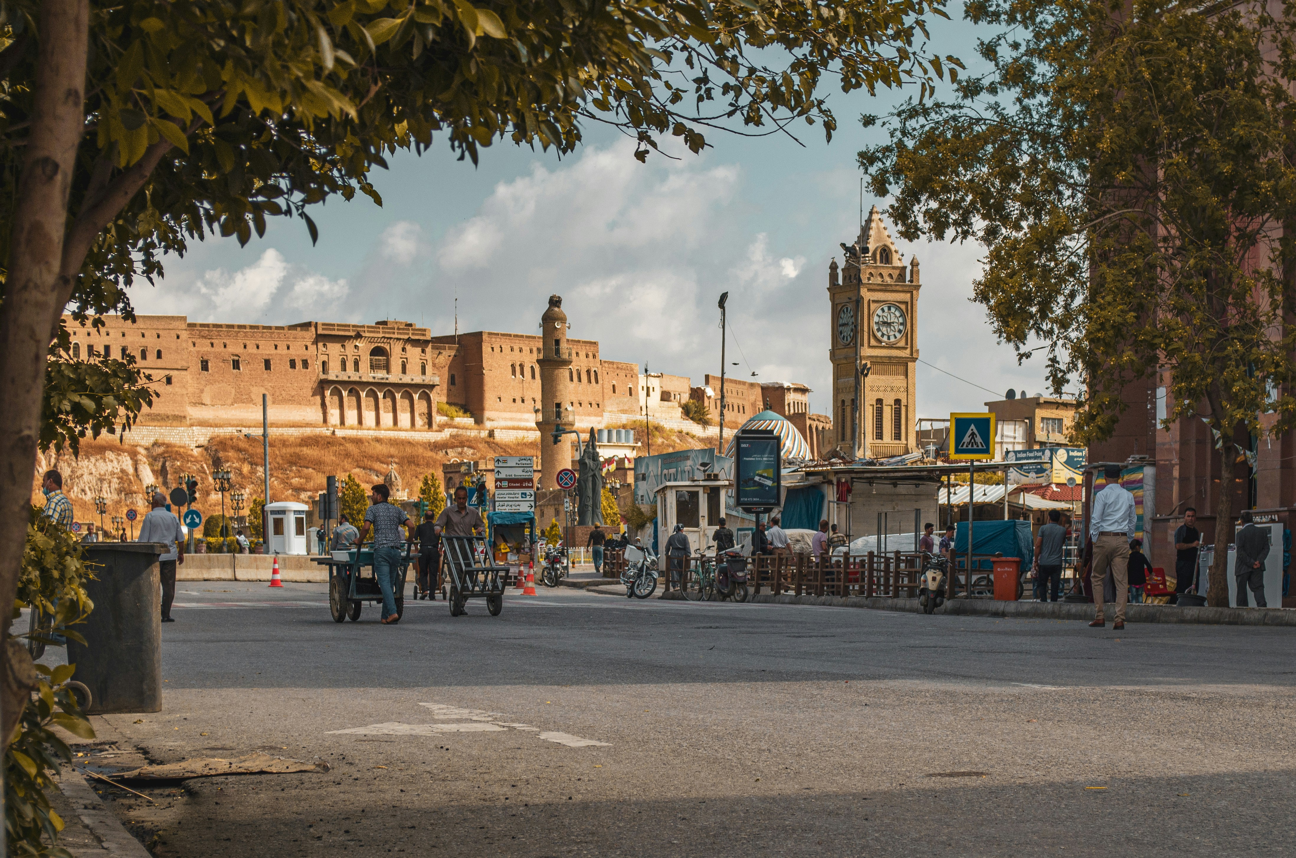 Historic Erbil Citadel and city center with clock tower, showcasing the heart of Erbil, Kurdistan Region, Iraq