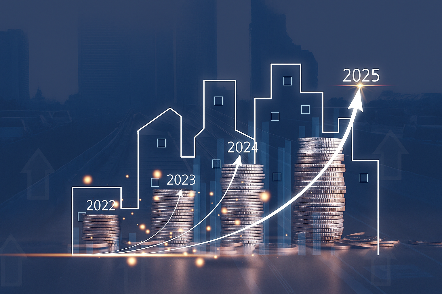 Property investment growth chart showing increasing returns from 2022 to 2025 with coins and building icons